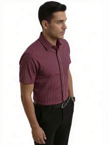 Rand paul Striped Short-Sleeve Dress Shirt, Comfortable, Lightweight Premium Fabric - Burgundy - View 6