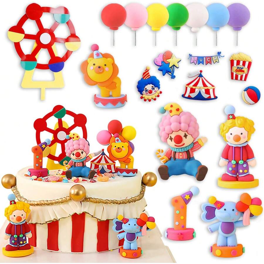 Circus Clown Birthday Cake Decoration Set – 20 Pieces Including PVC Clown Figurine With Bunny, "HAPPY" Mini Cake Banner, Circus Elements, And Colorful Clay Balloons For Party Decorations - Ymx-148 - 查看 1