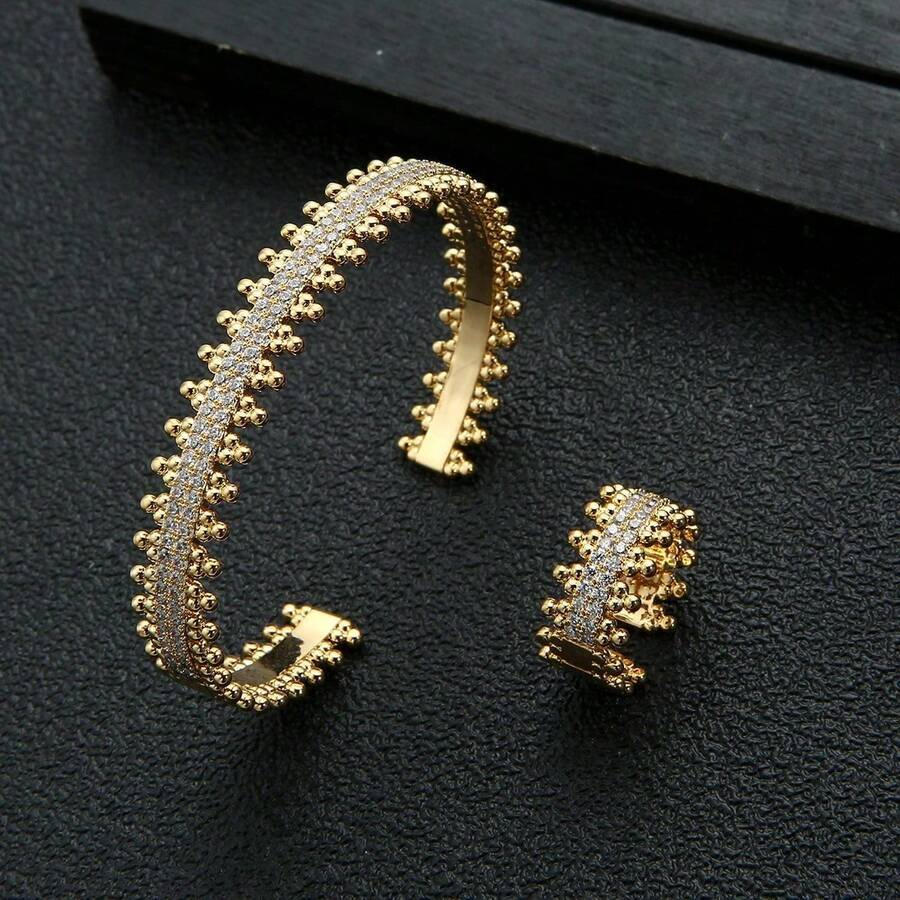 2 piezas Juego de brazalete y anillo de cobre con flor de circonita cúbica hueca estilo europeo de lujo, regalo personalizado de alta gama adecuado para la novia, apto para usar en banquetes - Dorado - Ver 1