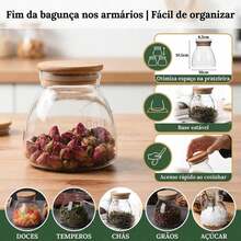 Kit 02 Potes De Vidro Com Tampa De Bambu 400ml 10cm De Diâmetro 10,5cm De Altura Vedação Com Anel De Silicone Para Armazenamento De Alimentos - Multicolorido - Visão 3