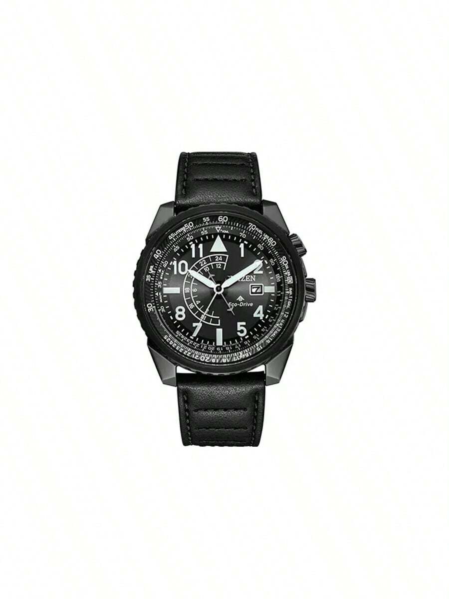 CITIZEN Đồng hồ đa năng thời trang 42mm, Đặc điểm: Vỏ thép không gỉ màu đen mờ, Vòng bezel khắc vạch, Mặt số đen (với chức năng bấm giờ 3 kim và hiển thị ngày), Dây đeo da đen, Mặt kính khoáng, Chống nước 30M, Bộ máy thạch anh chính xác - BJ7135-02E - màu đen - Xem 1