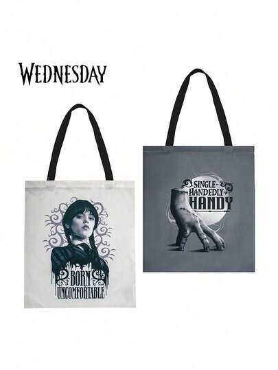 MGM 1PC Wedesday Officially Licensed Fabric Tote Bag Storage Bag Double-Sided Printing Large Capacity Casual Shoulder Handbags Made Of Premium Natural Canvas Pocket For Work Beach Travel And Shopping Grocery Birthday Chrismas Gift