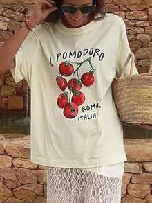 Camiseta Casual Feminina de Manga Curta com Gola Redonda e Estampa de Tomate - Damasco - Visão 8
