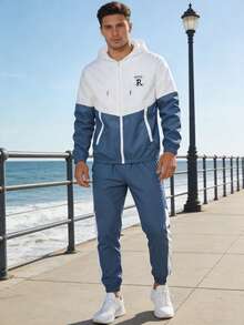 بدلة رياضية للرجال للربيع والخريف مع جاكيت ذات كابوشون، تصميم مطبوع، خصر بسحاب، بنطلون طول الكاحل مناسب للأنشطة اليومية والترفيهية والرياضات الخارجية كالجري والتخييم والتنزه والدراجات، طقم مكون من قطعتين. - الأزرق - مشاهدة 5