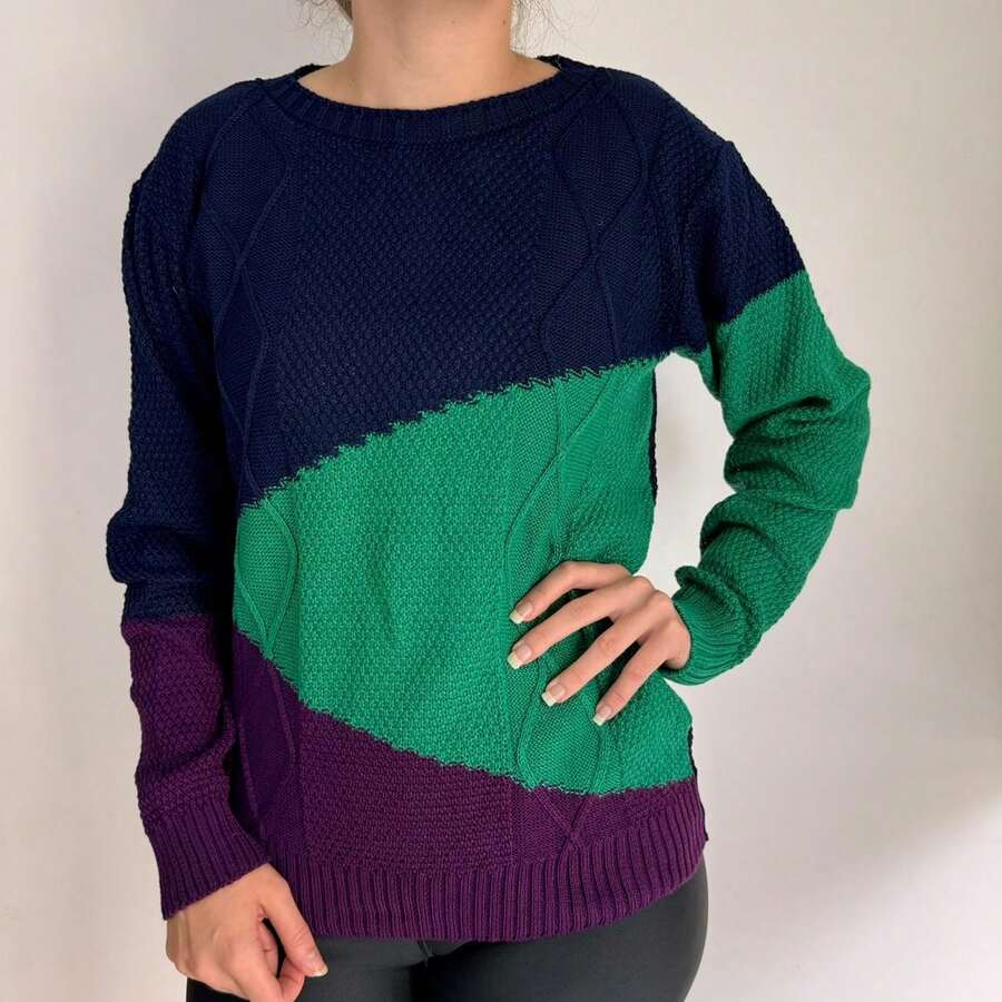 Blusa Tricot Tricolor Tricô Malhado Ponto em cabo Blusa Feminina Tricot Diário Outono Inverno - Azul Marinho - Visão 1