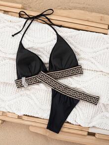 Elegant Women Halter Backless Bikini Set With Knot And Lace Up Details High Stretch Fabric - Black - View 7