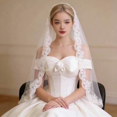 Lightweight Floral Print Tulle Bridal Veil, Elegant Accessory For Wedding Ceremonies And Photo Shoots