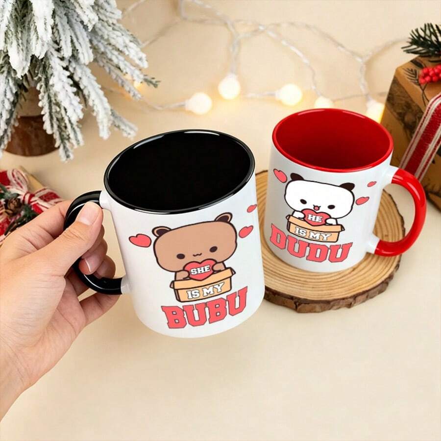 2个11盎司杜杜和布布情侣陶瓷咖啡杯 | 趣味卡通印花马克杯，送给另一半的绝佳礼物，生日、周年纪念日、新年、情人节，微波炉适用