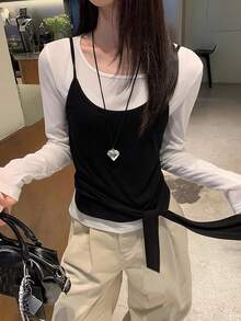 女士休闲二合一长袖 T 恤，修身系带初秋汗衫 - 黑與白 - 查看 7