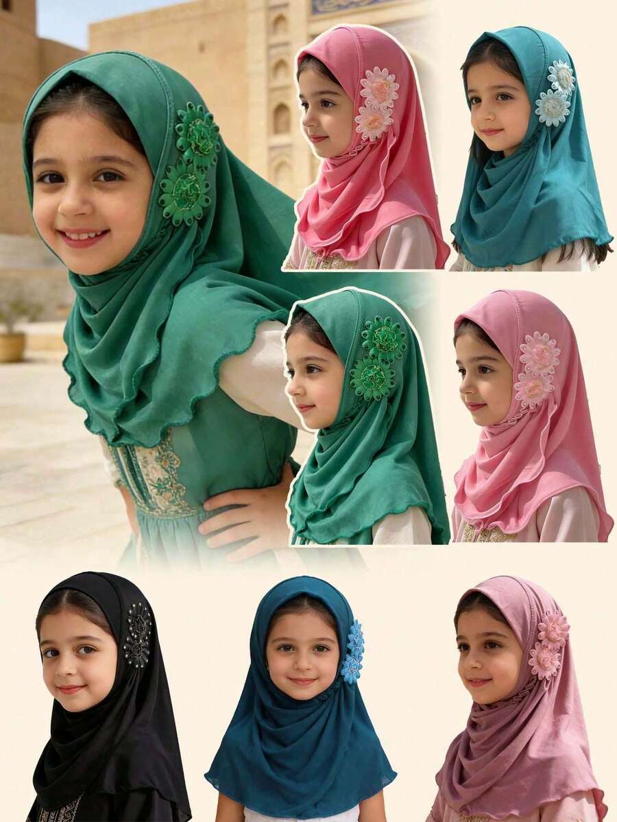 1条5-10岁女童头巾，Amira儿童头巾，莱卡Aya头巾，女童水钻莱卡Amira头巾，花卉蕾丝头巾，儿童伊斯兰阿拉伯头巾披肩 - 彩色 - 查看 1