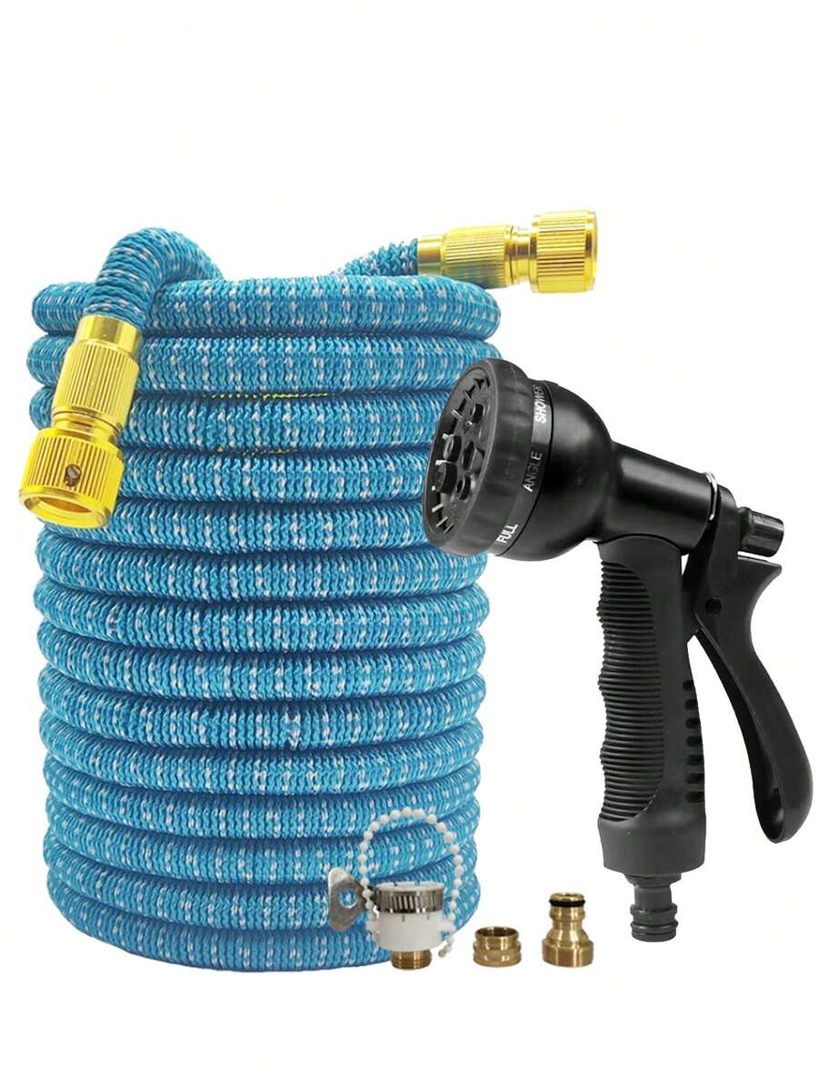 25-150英尺可伸缩花园软管，带8种功能喷嘴，实心黄铜接头，适用于园艺浇水和洗车 - B - 查看 1