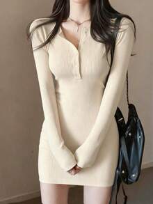 秋冬季女士针织修身连衣裙，优雅 - 杏色 - 查看 3