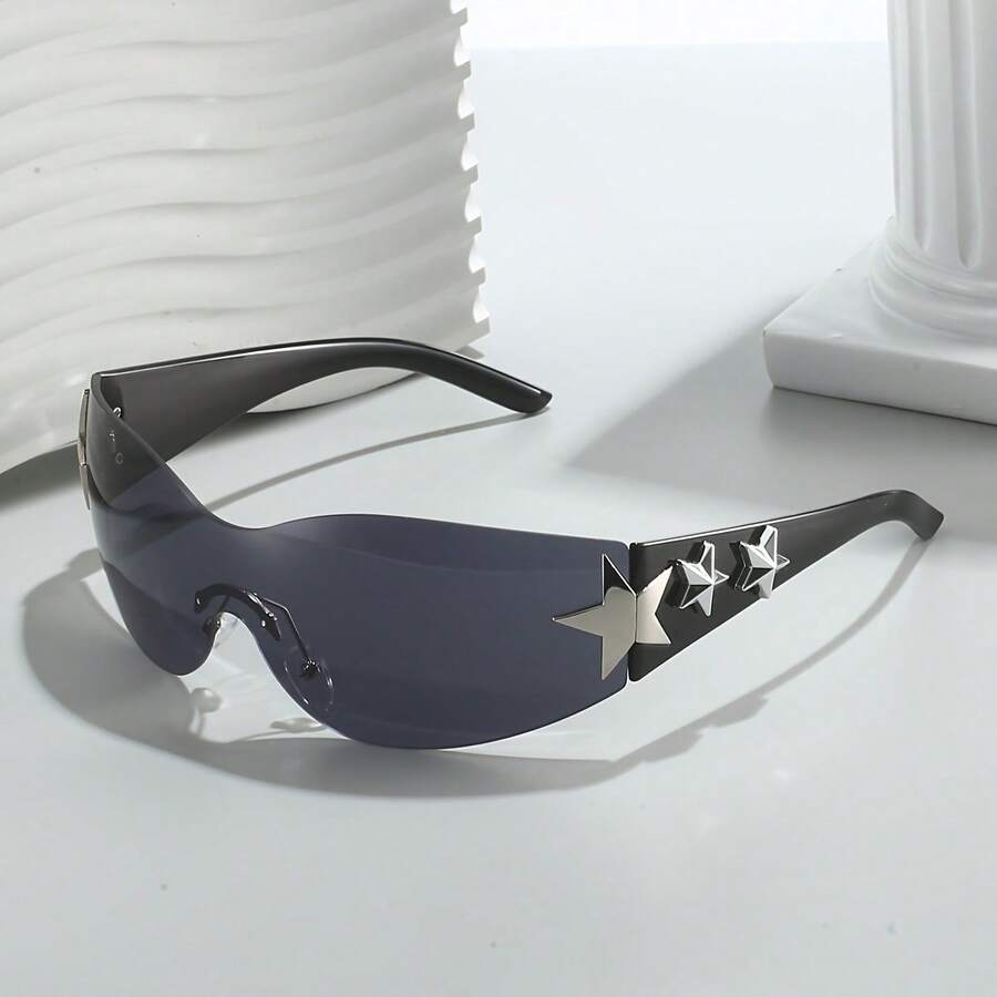 Y2K Modern Rimless Wrap Around Frame Lightweight Durable Unisex UV Protection Lens Daily Casual Formal Occasion Fashion Accessories Minimalist Design - Chân đế màu đen hình ngôi sao đơn và các chi tiết màu đen xám. - Xem 1