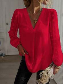 Women's Casual Swiss Dot V-Neck Petal Sleeve Blouse For Autumn Spring - Red - View 4