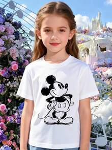 Disney Girls' T-Shirt, Printed With Disney Mickey Mouse Cartoon Pattern, Summer Style, Soft And Comfortable Fabric, Suitable For Everyday Wear. - White - View 1