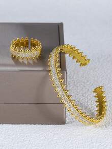 2 piezas Juego de brazalete y anillo de cobre con flor de circonita cúbica hueca estilo europeo de lujo, regalo personalizado de alta gama adecuado para la novia, apto para usar en banquetes - Dorado - Ver 3