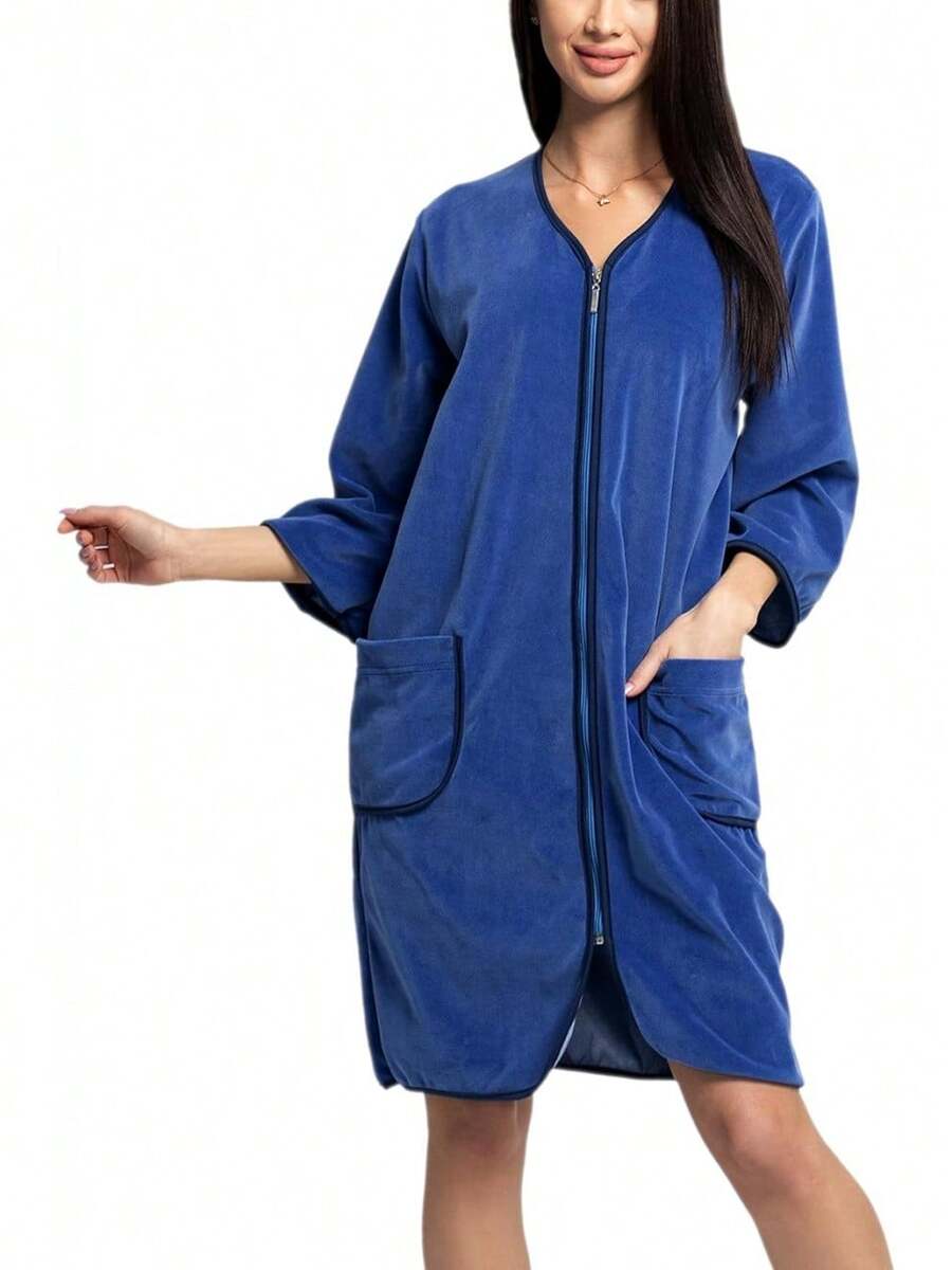 Peignoir court pour femme Aquarti avec fermeture éclair et manches 3/4 - Jeans - Voir 1