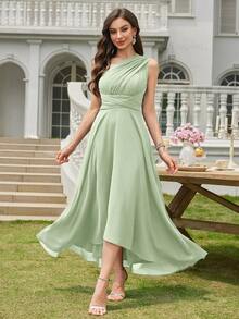 Volly Toych 鼠尾草绿百搭A字优雅不对称V领中长雪纺伴娘礼服，婚礼宾客礼服 - 青瓷 - 查看 3