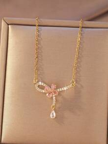 Hihho 1pc Elegant Cubic Zirconia Flower Pendant Necklace, Suitable For Dates And Commuting, Refined Atmosphere - Flower Drops - View 8