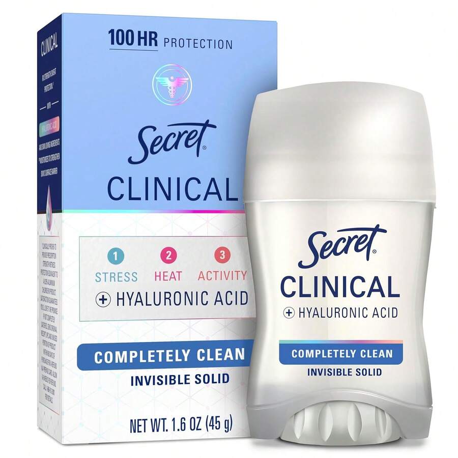 Secret Clinical Strength Antiperspirant Deodorant For Women, 100hr Sweat & Odor Protection, 3X Stress Protection With Hyaluronic Acid, PH Balancing, Invisible Solid, Completely Clean Scent, 1.6 Oz - Completely Clean - 查看 1