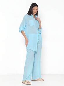 Camisa conjuntos Manga Longa com Calça Feminina Botões e Bolso na frente - Azul - Visão 5