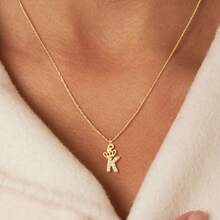 1pc New Fashion Crown Initial Pendant Golden Stainless Steel Chain Necklace For Women - Yellow Gold - View 1