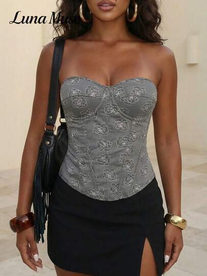 Luna Muse Women's Vintage Colorblock Floral Jacquard Bustier Crop Top, Palace Style Bodycon Shapewear Bra Top, Y2K Sexy Camisole Vest, Elegant Fitted High-End Sleeveless Shirt, Suitable For Daily, Casual, Party, Vacation, Date, Street, Performance, Outdoor, Back To School, Punk, Thanksgiving, Music Festival, Valentine's Day, New Year Party