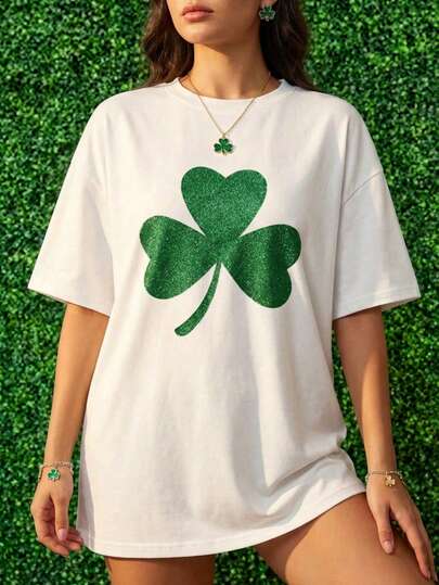 セントパトリックデー グリッター プリント レディース ルーズ ロング ラウンドネック 半袖 Tシャツ、クローバー柄プリント、セントパトリックデー、アイリッシュフェスティバル、セントパディーズデー、3月17日、アイリッシュテーマ衣料、クローバーテーマ、アイルランド、クローバー、幸運のシンボル、アイリッシュテーマの装飾、カジュアルスタイル、アウターウェアトップ、レディース春物衣料、長袖トップ、ガリア風スタイルのギフト、レディース春物トップ、パフォーマンストップ、レディースパフォーマンス衣料、半袖トップ