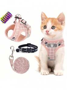 Cat Harness Leash And Small Dog Harness Leash, All-Weather Mesh Harness, Cat Harness Leash With Reflective Strips, Adjustable Walking Harness Suitable For Small Cats (Pink Pattern), Cat Spiral Spring Toy, Cat Collar With Bell - Baby Pink - View 1