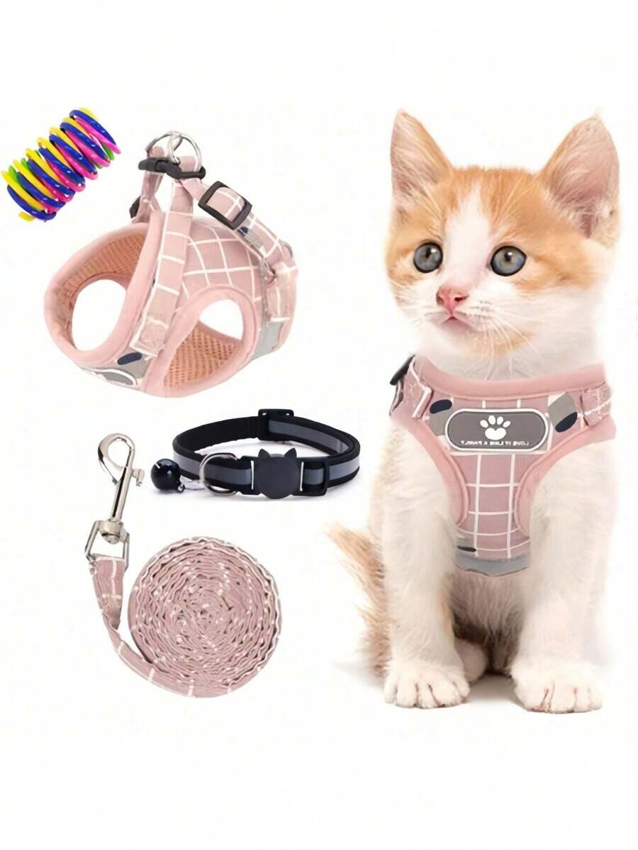 Cat Harness Leash And Small Dog Harness Leash, All-Weather Mesh Harness, Cat Harness Leash With Reflective Strips, Adjustable Walking Harness Suitable For Small Cats (Pink Pattern), Cat Spiral Spring Toy, Cat Collar With Bell - Baby Pink - View 1