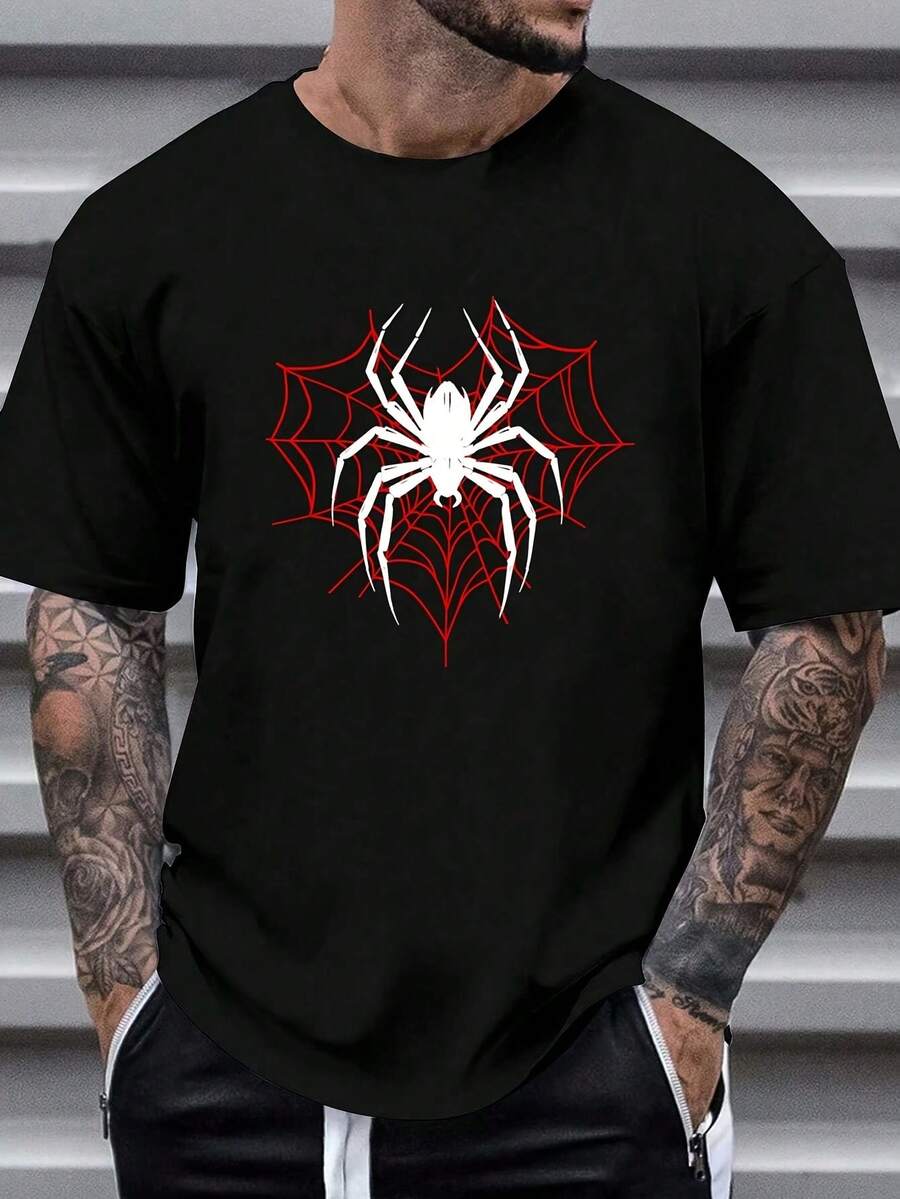 Men's Casual T-Shirt With Spiderweb Print, Unisex Cotton - 黑色 - 查看 1