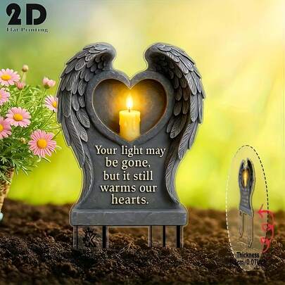 2D平面心形天使翅膀纪念花园插牌，带烛台和纪念铭文，1个装，耐用塑料材质，户外装饰，适用于墓地、草坪、庭院 - 无需用电，贴心慰问礼物，阵亡将士纪念日装饰，墓园装饰
