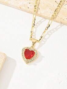 1pc Women Red Heart CZ Pendant Necklace Gold Figaro Chain Big Ruby Heart Statement Necklace Hip Hop Aesthetic Valentine Jewelry/Fashion Jewellery - Yellow Gold - View 5