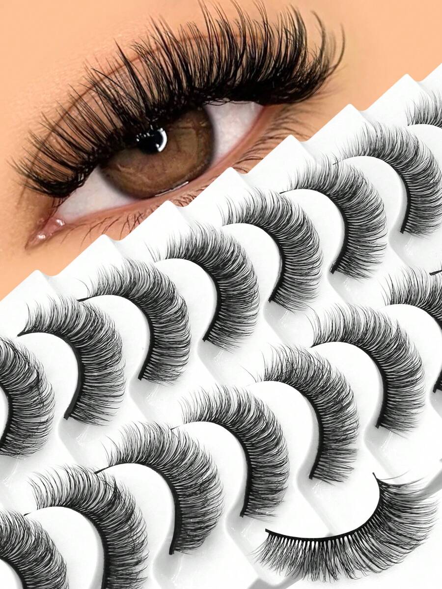 GROINNEYA 10 Pairs Wispy Fluffy Faux Mink Eyelashes Volume Cat Eye Lashes Winged End Eye Elongated Eyelashes Natural Look Fake Lashes Soft Band Full Strip Lashes,Beginner-Friendly For Daily And Party Makeup Use - View 1