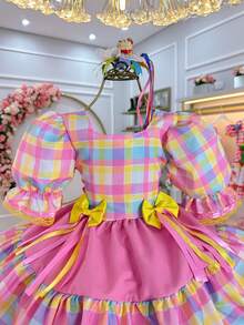 Children's Dress For June Festival, Checkered Pattern With Candy Pink Ribbons, Junina Country Style, Square Dance, Saint John's Day, Ruffles - Nhiều màu - Xem 2
