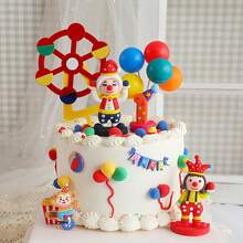 Circus Clown Birthday Cake Decoration Set – 20 Pieces Including PVC Clown Figurine With Bunny, "HAPPY" Mini Cake Banner, Circus Elements, And Colorful Clay Balloons For Party Decorations - Ymx-051 - 查看 3