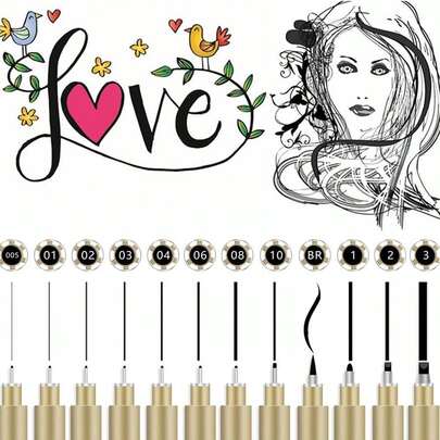 6/9/12pcs Black Ink Drawing Pen Set, Felt Tip Markers, Alcohol Based Markers, Smooth Ink Flow, Comprehensive Color Classification, Stackable Colors, Strong Coverage, Suitable For Drawing, Sketching, Cartoon Painting On Canvas, Rock, Wood, Glass, Ceramic, Textile, DIY Crafts