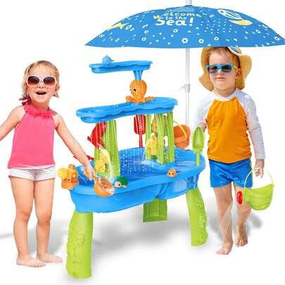 Kids 3-Tier Water And Sand Play Table With Shade Umbrella Outdoor Activity Toy Set