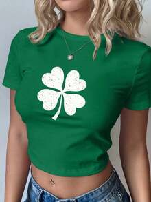 Womens Green Polyester Short Sleeve Crop Top Round Neck Casual T-Shirt With White Four-Leaf Clover Print - màu xanh lá - Xem 8