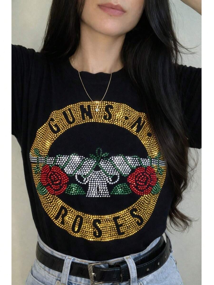 Women's Blouse T-Shirt GANS-ROSES In Rhinestones Shiny Color Block Blingbling None Holiday Beach - 黑色 - 查看 1