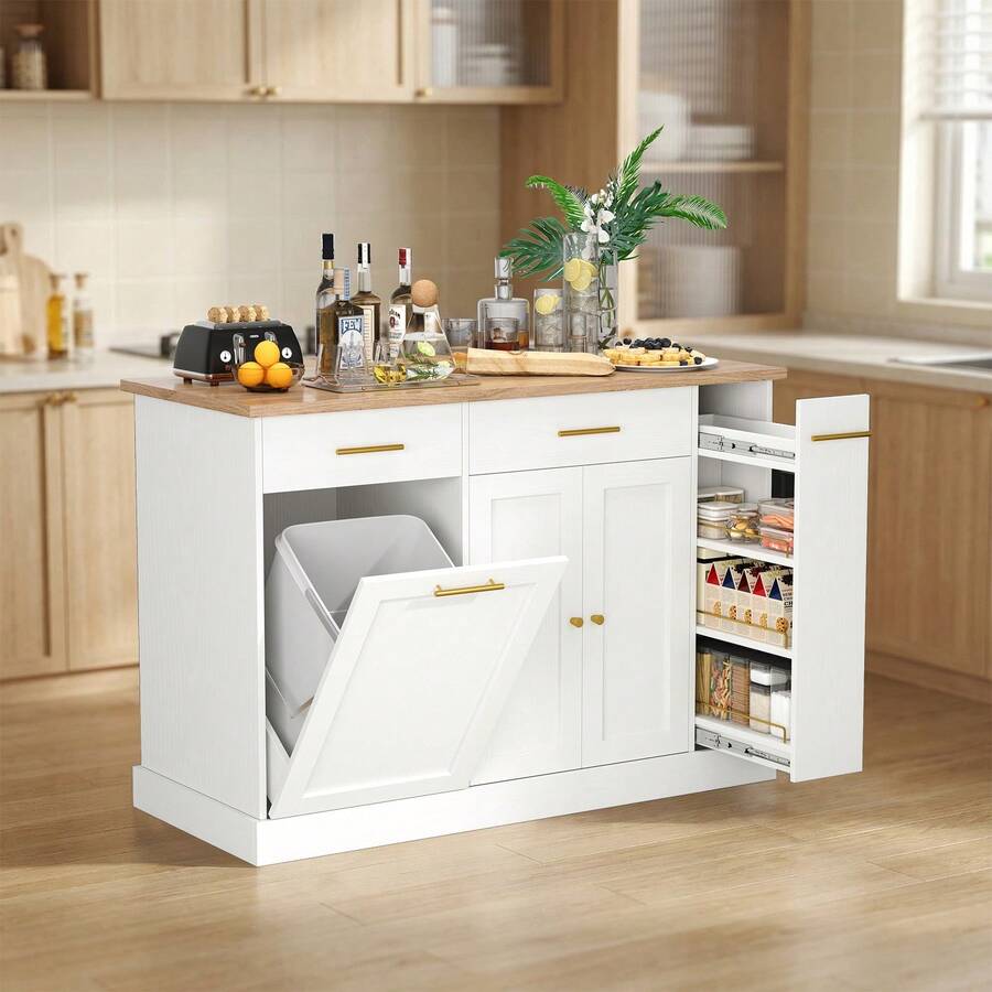 Isla de cocina con ruedas y espacio de almacenamiento, con cubo de basura, especiero y toallero, mesa de isla móvil para cocina, blanco, negro, negro y mármol, gris y mármol, azul, verde menta y verde oliva. - Blanco - Ver 1