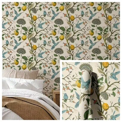 1 Roll Vintage Natural Style Wallpaper 17.7inX39.3/118.1/196.8in, Lemon, Flowers, Hummingbird, Blooming Garden Pattern Wallpaper, Self-Adhesive Removable Wallpaper For Bedroom, Living Room, Cabinet, Wardrobe, Stairs, Door Decor
