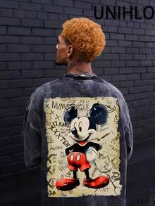 Disney UNIHLO  Mickey    Printed Summer Heavyweight Retro Washed Street Fashion Casual T-Shirt - Black - View 2
