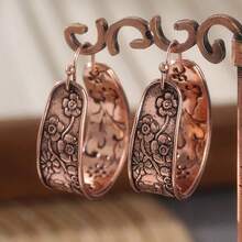 复古波西米亚风手工雕刻花朵耳环，优雅的青铜色花卉图案，适合日常佩戴和参加派对，是完美的派对配饰。 - 銅色 - 查看 5