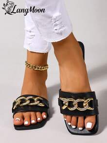 LangMoon 2026新款黑色金属链条方头平底女式时尚拖鞋,简约纯黑色鞋面搭配奢华双链水钻装饰,柔软鞋底防滑耐穿舒适,百搭显瘦,适合度假、通勤、购物、派对、春夏等各种场合。 - 黑色 - 查看 5