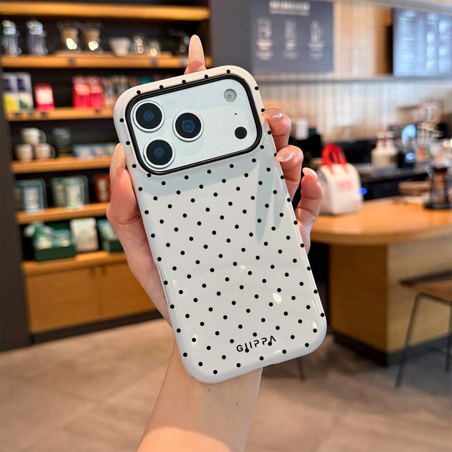 白色黑色波点图案时尚手机壳，光滑哑光黑色波点手机壳，兼容 17、17 Air、16、15、14、13、12、11、Pro Max、Plus、X、XS，象牙白底色，春季礼物 - 白色 - 查看 1