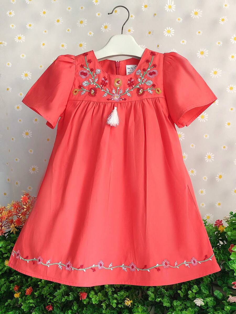 女童花卉刺繡休閒公主洋裝，適合派對，女童夏季服飾 - 紅色 - 查看 1