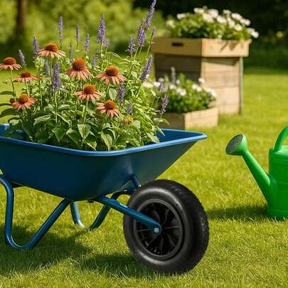 14'' PU Puncture-Proof Wheelbarrow Wheel 3.50-8, Heavy Duty Solid Replacement Tyre Complete With Axle For Garden Trolley, Barrow, Go Kart & Trailer