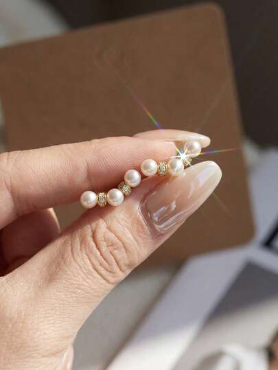 1 Pair Pearl Earrings, Curved Pearl Arrangement Detail, Elegant Earrings, Accessory