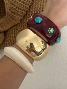 1件新款树脂镶嵌仿绿松石手镯，金色弧形合金手链配饰，适合女性日常通勤、朋友聚会、浪漫节日、街拍、时装秀等场合佩戴（手镯的纹理和颜色可能与实物略有不同） - 彩色的 - 查看 4